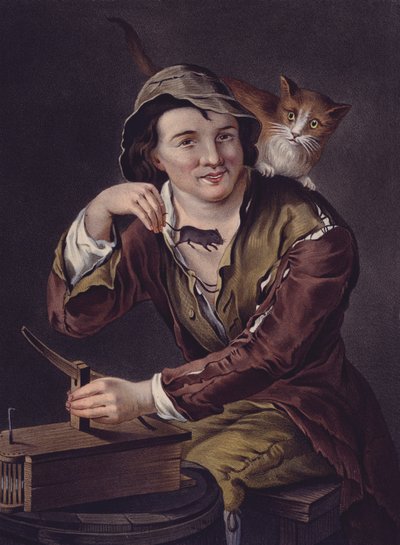Mouse catcher with his trap and cat by European School